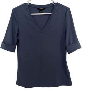 Ralph Lauren Women's MEDIUM Stretch Cotton Elbow-Sleeve Rose Blue V-Neck T-Shirt